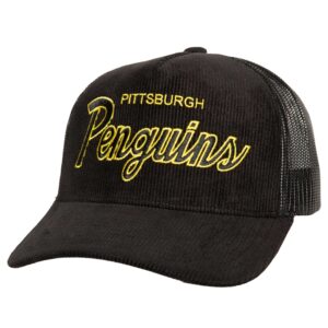 Men's Mitchell & Ness Black Pittsburgh Penguins Times Up Classic Script Cord Trucker Adjustable Hat